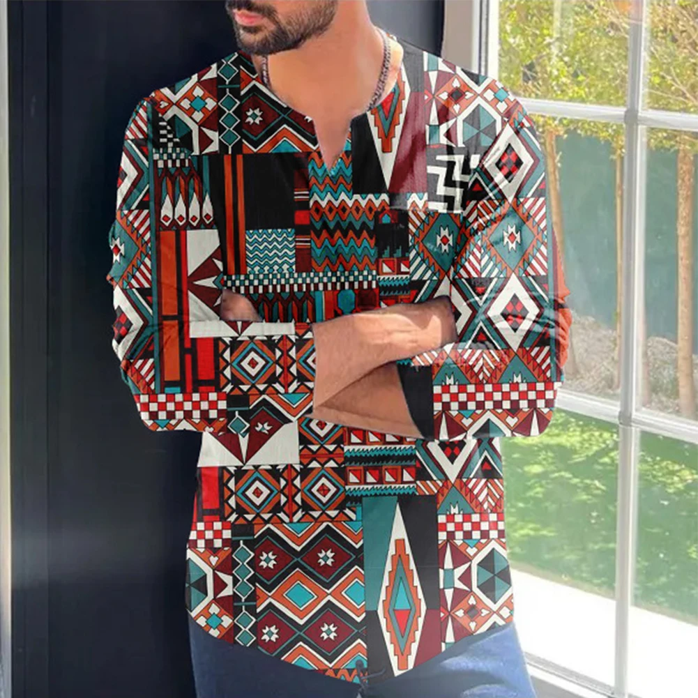 

Mens Print Beach V Neck Long Sleeve Shirts Casual Loose Summer Shirt Blouse Tops