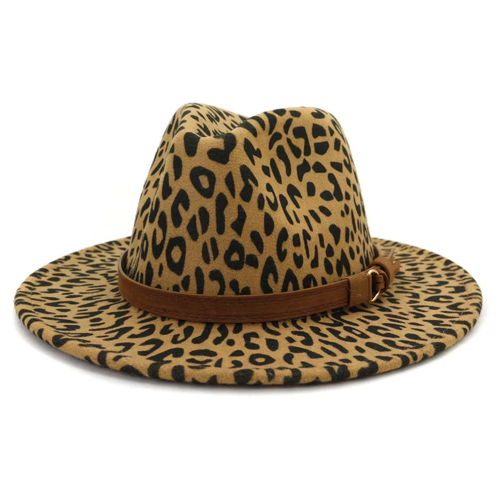 Trend Unisex Leopard Grain Jazz Fedora Hats Men Women with Leather Band Flat Brim Wool Felt Trilby Panama Formal Hats