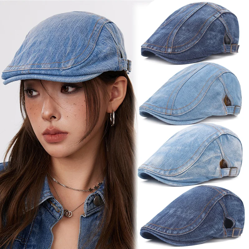 

Cowboy Outdoor Adjustable Beret Hat Spring Summer Denim Beret Caps Bones Flat Sun Cap For Cowboy Jeans Hats For Women Men