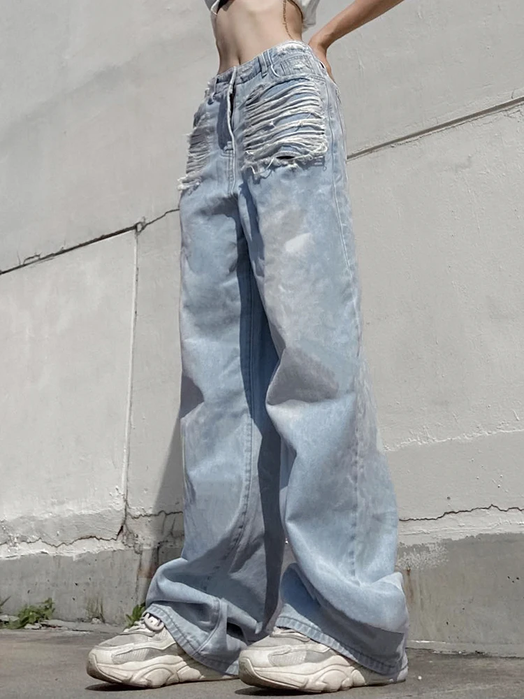 Y2K Tassel Jeans Blue Grunge Tie Dye Straight Korean Streetwear Pants Women Fashion Casual Trousers Pockets Vintage