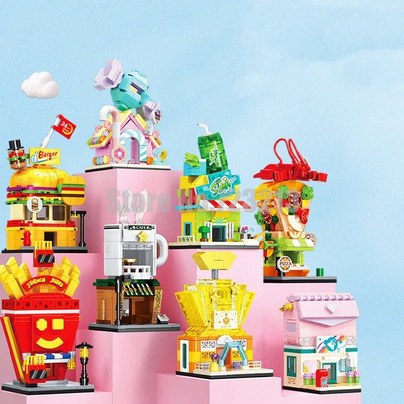 Набор строительных блоков для розничного магазина города улицы гамбургера пиццы