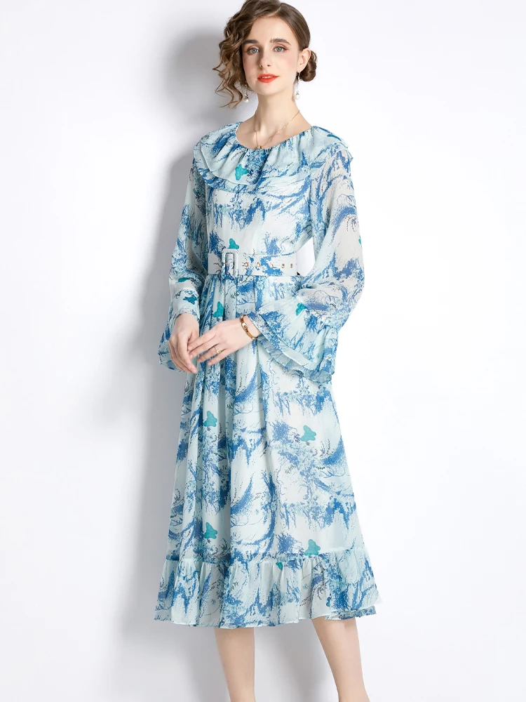

Runway Designer Autumn Dresses for Women 2022 Elegant Flare Sleeve Print Midi Chiffon Holiday Vestidos Casual Fashion Robe