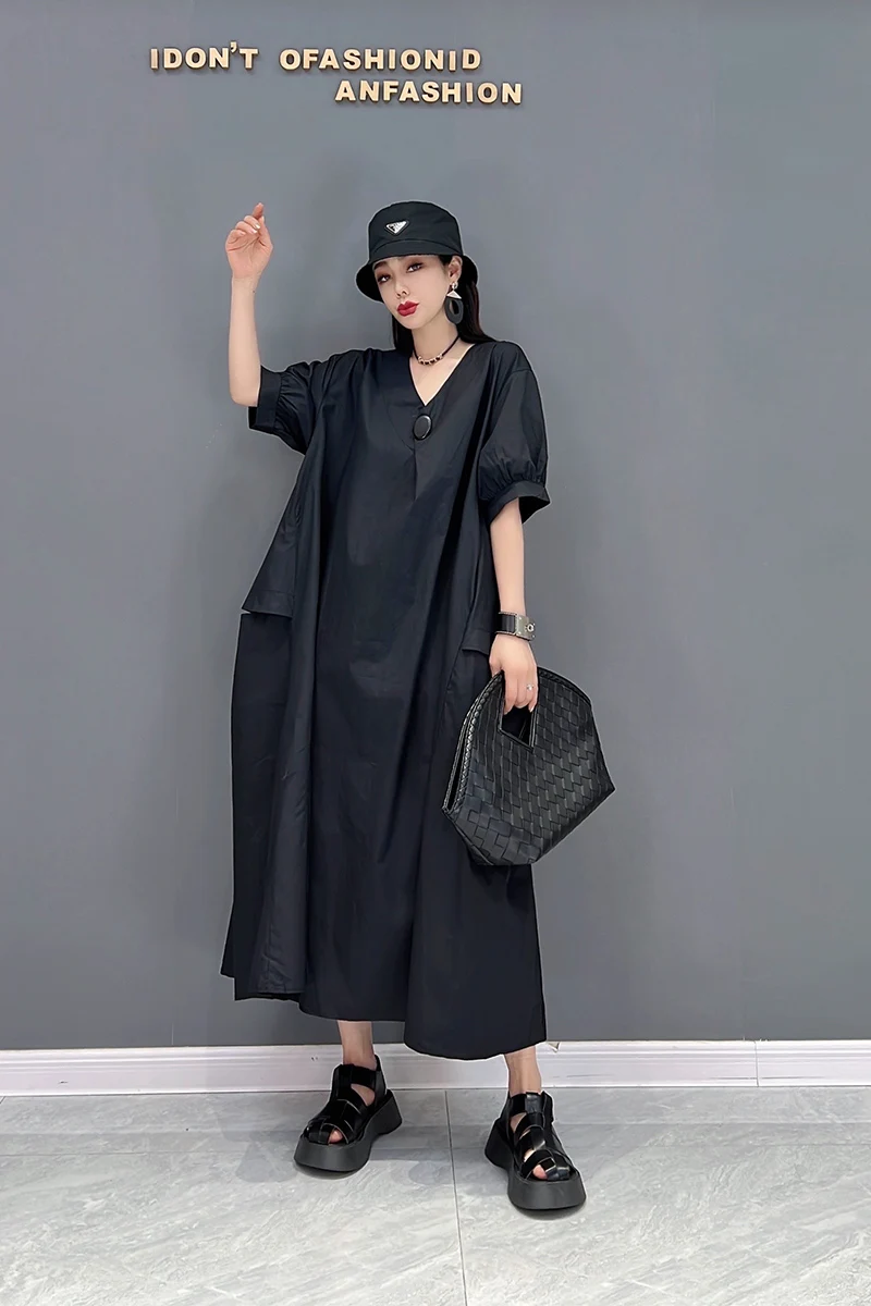 

SuperAen 2022 Summer New Fashion Black V-neck Puff Sleeve Casual Loose Straight Cotton and Hemp Dresses for Women