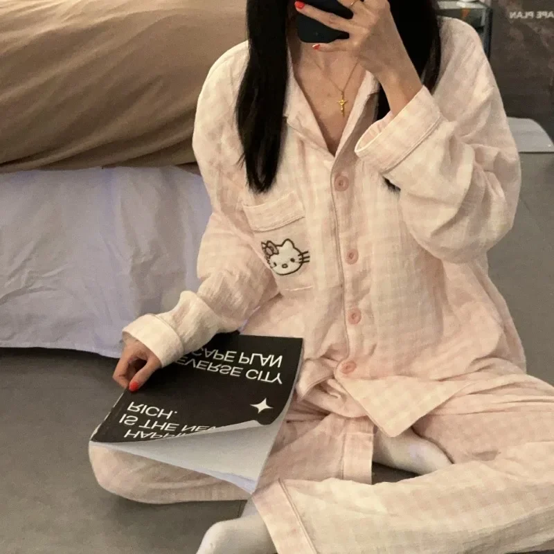 Sanrio Cotton Gauze Pajamas Hello Kitty Women's Pure Cardigan Long-sleeved Trousers Plaid Home Wear Two-piece Set