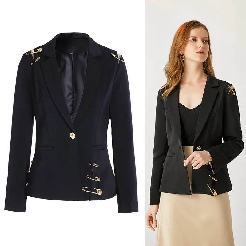 Spring New Blazer Shoulder Mesh Gauze Stitching Pin Decoration Long Sleeved Single Button Slim Black Suit Jacket Women