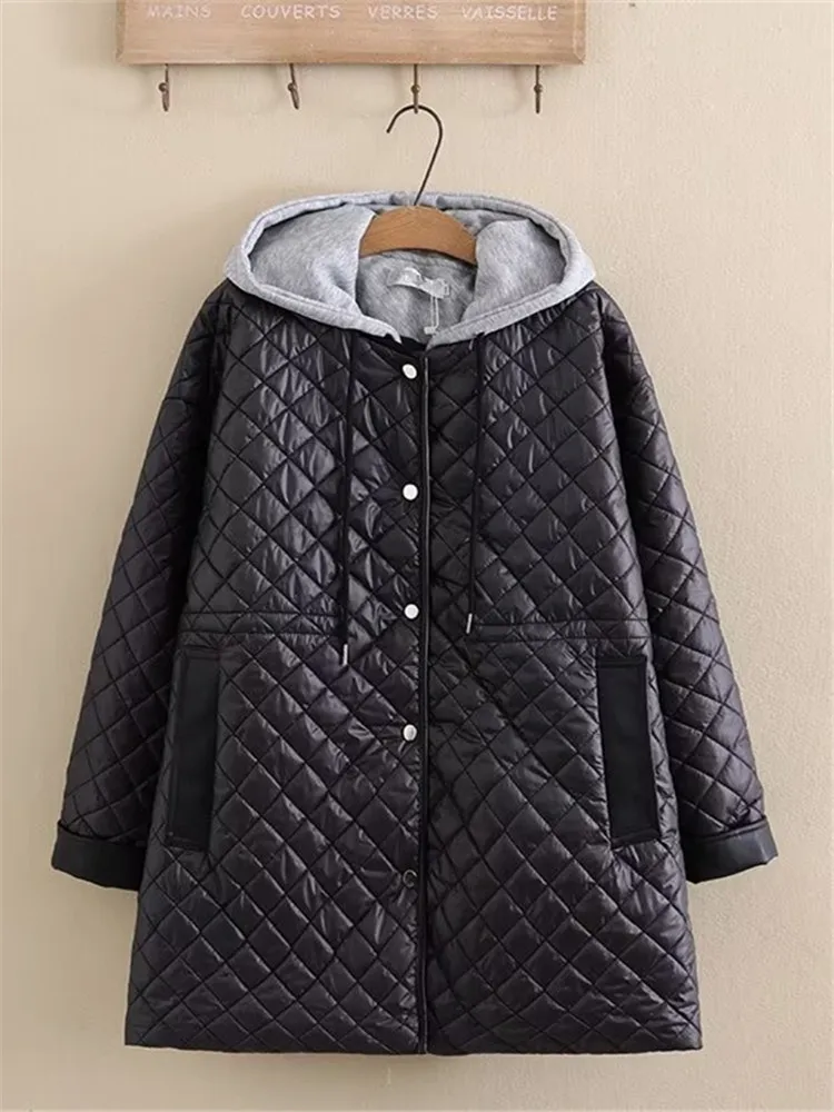 Plus Size Women's Clothing Hooded Long Sleeves Coat Diamond Lattice With Cotton Interlayer In The Middle Thick Large Size Coat