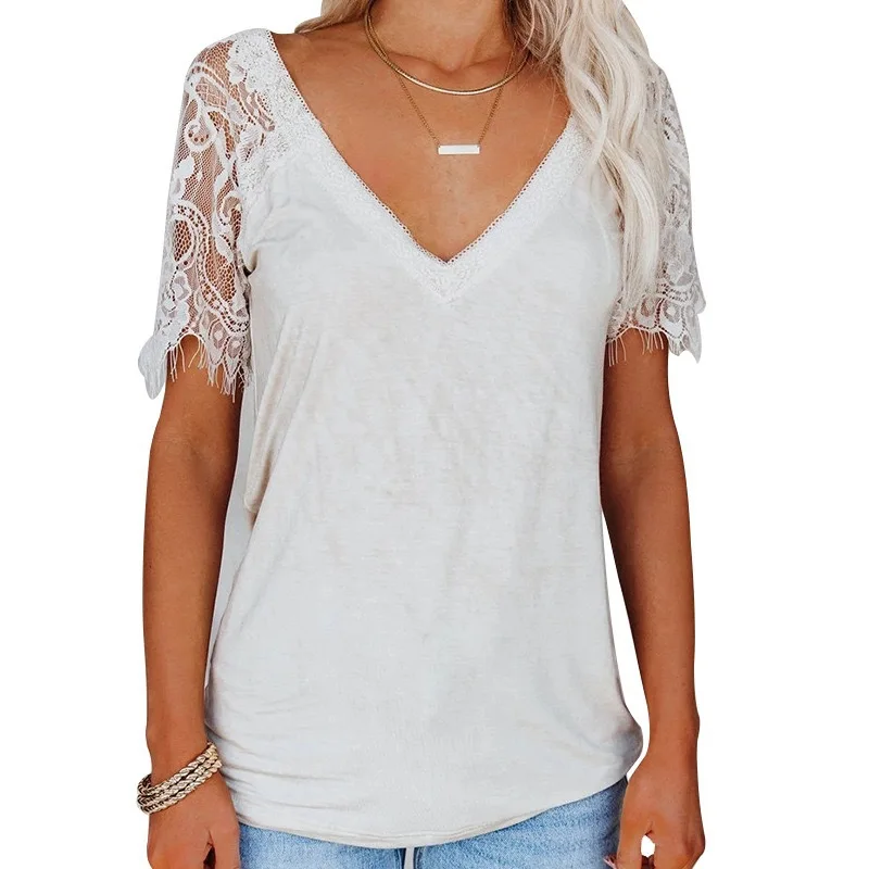 

2023 Summer Fashion Women's Short-sleeved V-neck Lace Lace Sleeves T-shirt Commuter All-match Bottoming Shirt Female & Lady Tops
