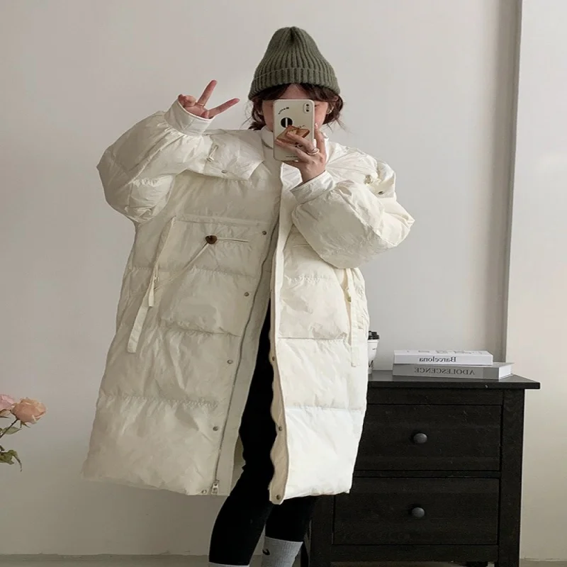 

Женский длинный пуховик с большими карманами, приталенный пуховик на белом утином пуху, европейский стиль, зима 2023