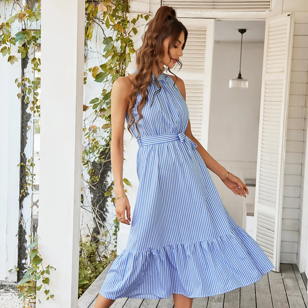 

2022 Summer Women Dress Halter Neck Stripe Women Dresses Stitching Large Swing Casual Loose Dress with Belt Vestidos Ceremony