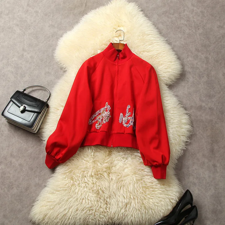 

Женская одежда в европейском и американском стиле, Новинка осени 2023, модная куртка с воротником-стойкой и длинным рукавом, на молнии, с простроченными бусинами