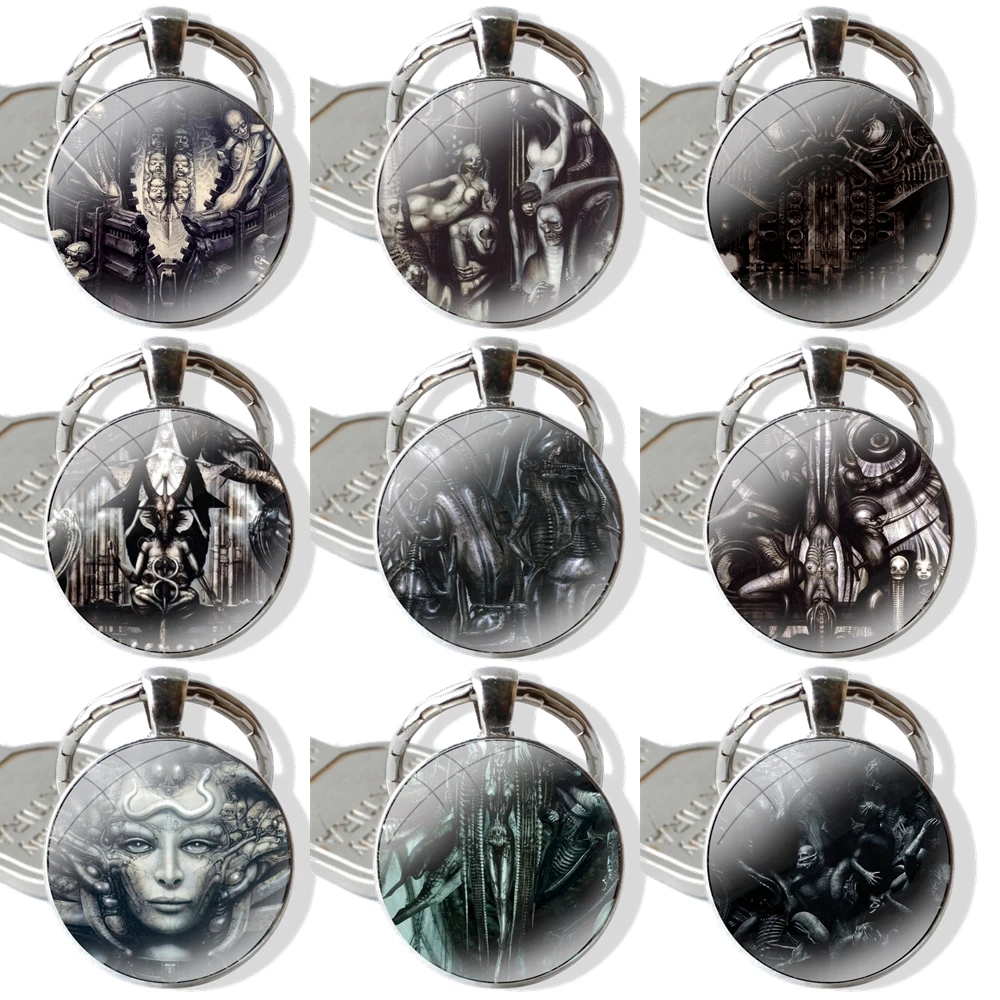 

Li II Alien Horror Movie Hr Giger Pendant Car Key Chains Handmade Glass Cabochon Keychain Fashion Cartoon Design Creative