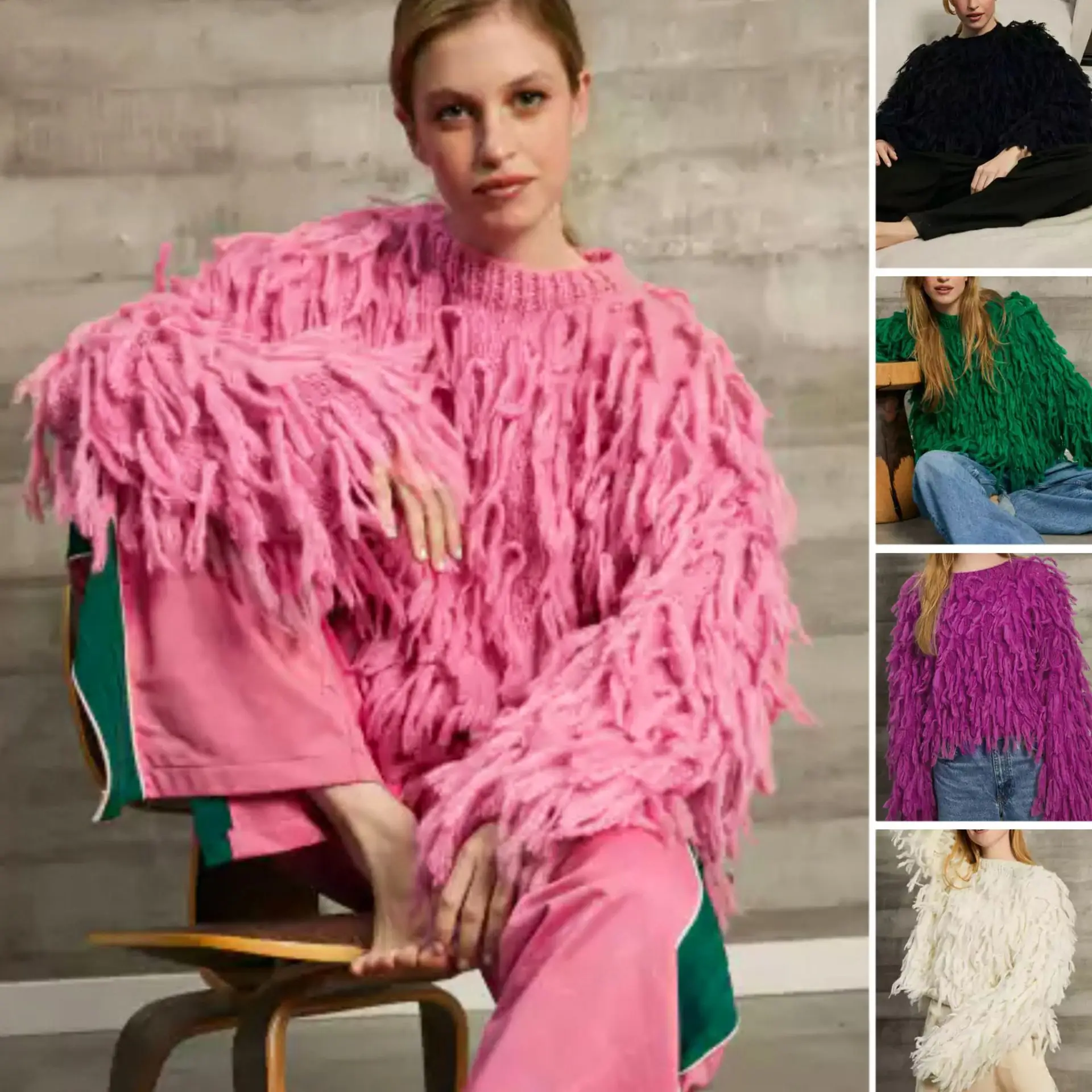 

2023 Autumn and Winter New Loose Tassel Round Neck Long-sleeved Pullover Women's Fashion All-match Casual Top Sweater Women