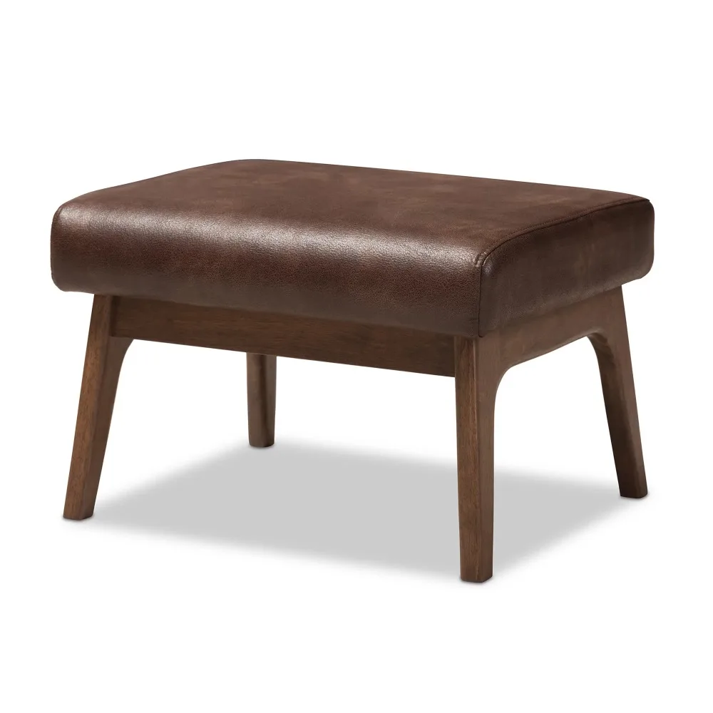 

Bakari Mid-Century Modern Walnut Wood Dark Brown Distressed Faux Leather Ottoman by Bellamy Studios