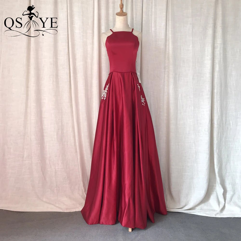 

Halter Neck Red Satin Prom Dresses A line Box Pleat Evening Gown Crystal Bead Pockets Party Dress Lace up Back Formal Women Gown
