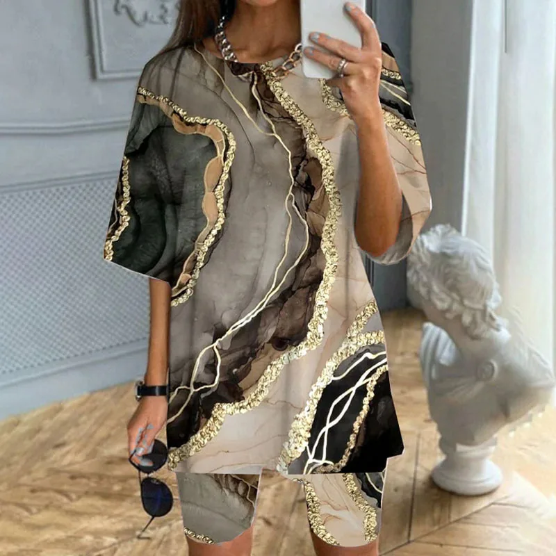 

Elegant Two Piece Sets Women Loose Floral Print Tee Shirts and Shorts Sets Ladies Fashion Matching Sets