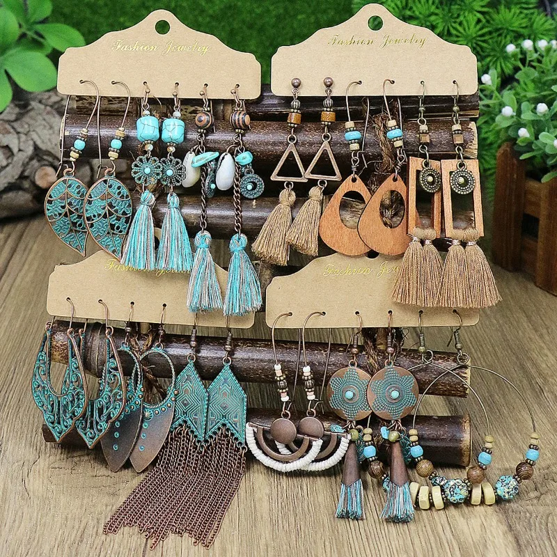 Винтажные серьги 3 пары богемные этнические геометрические кисточки сплав