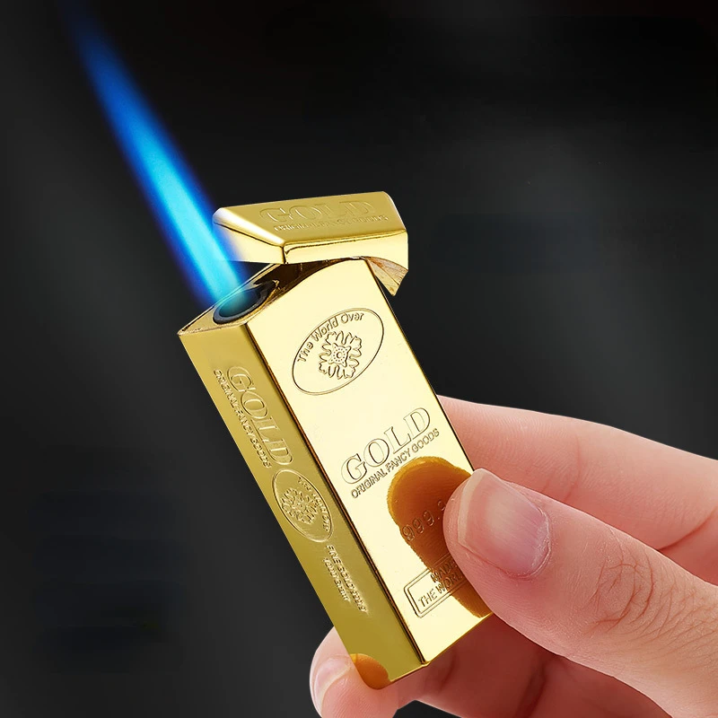 

New Metal Highpressure Jet Blue Flame Windproof Lighter Gold Bar Butane Inflatable Lighter Men Highend Cigar Smoking Accessories