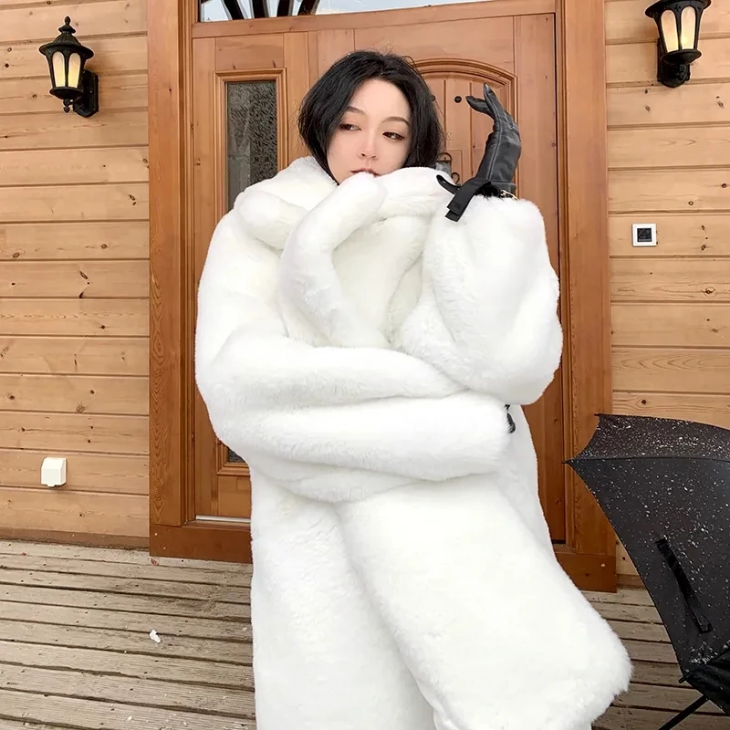 white Women Winter Warm Faux Fur Coats Jackets Elegant Black White Female Pockets Coats Casual Street Lady Thick Outwears