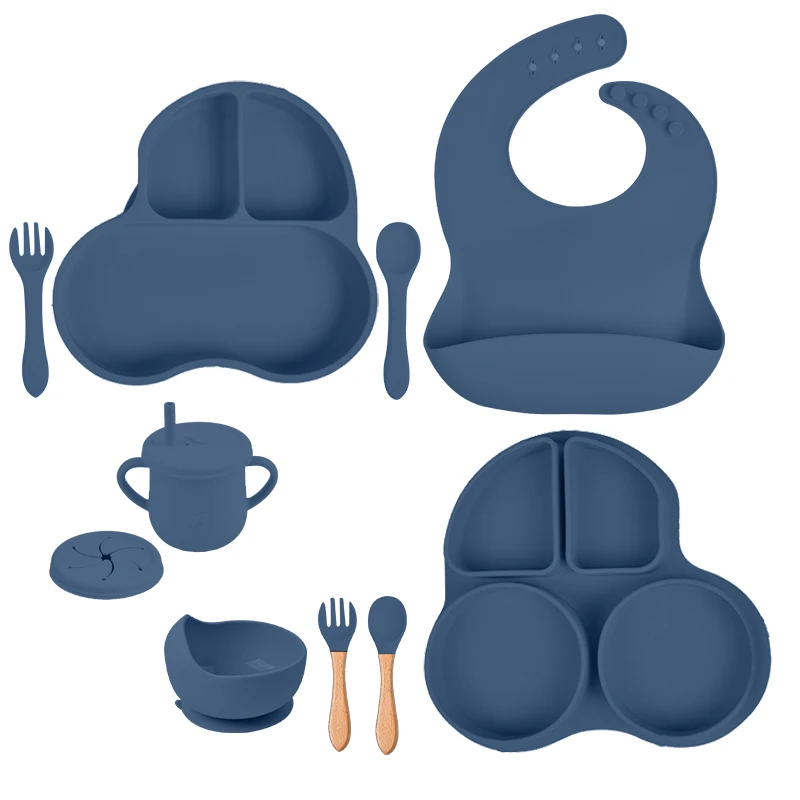 

2/6/8PCS 2 in 1 Baby Dishes Car Shape Sucker Plate Bowl Cup Bibs Spoon Fork Set Soft Silicone Non-slip Kids Dishes BPA Free