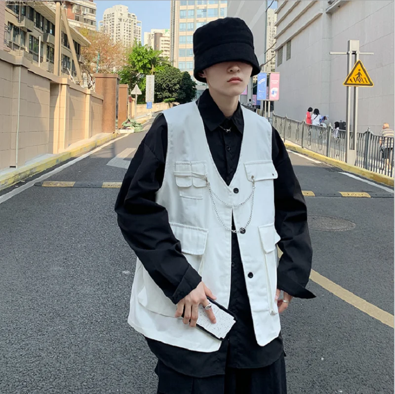 

2022 Mens Fashion Tooling Vest Men Streetwear Cargo Vest Hip Hop Sleeveless Jacket Gilet Military Multi-Pocket Outdoors Coat