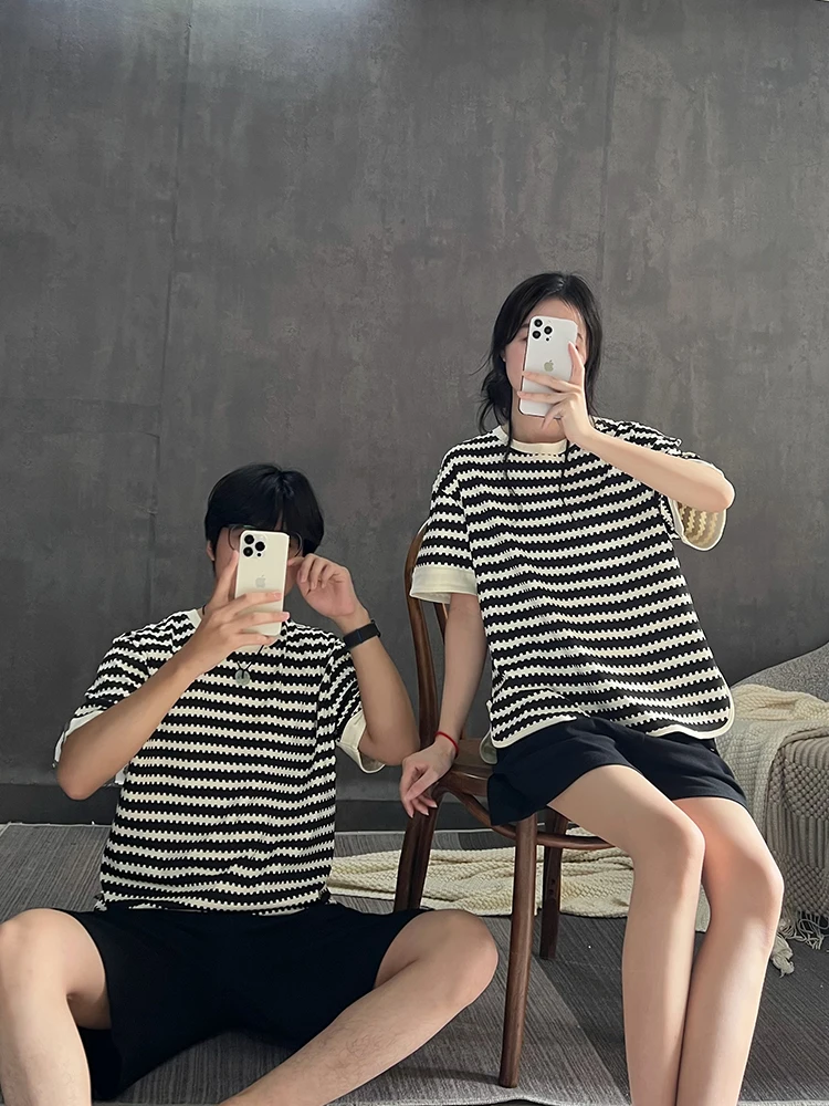 Couple Pajamas Women's Summer Cotton Short sleeve round Neck Home Wear Thin Men's Can Be Worn outside Striped Suit