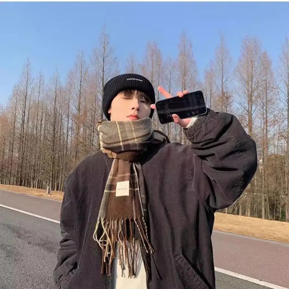 Шерстяной шарф в клетку с кисточками стиле ретро плюшевые зеленые зимние