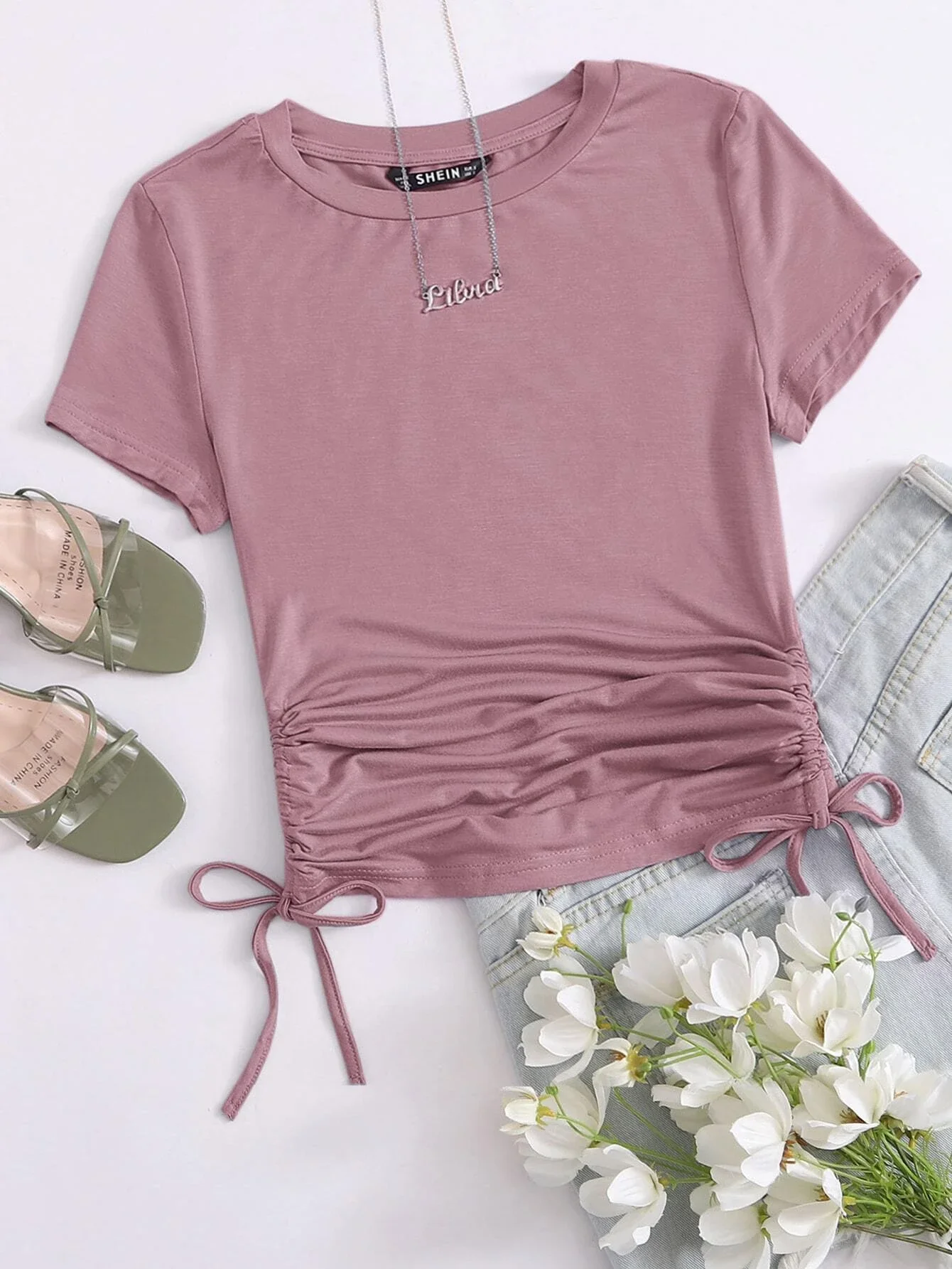 

New Drawstring Ruched Side Solid Top