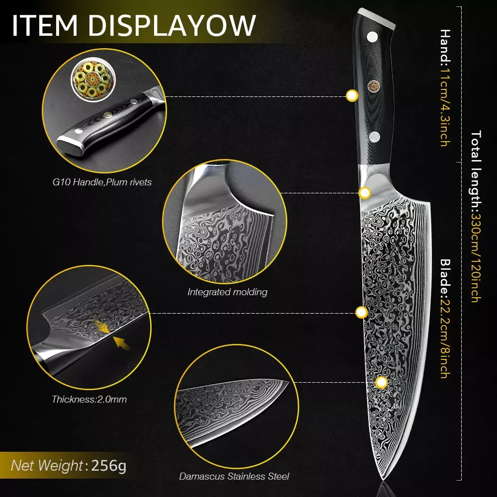 

Damascus Chef Knife Kitchen Knife Professional Damascus Steel Knife VG10 Stainless Steel Blade with G10 Handle Gift Box