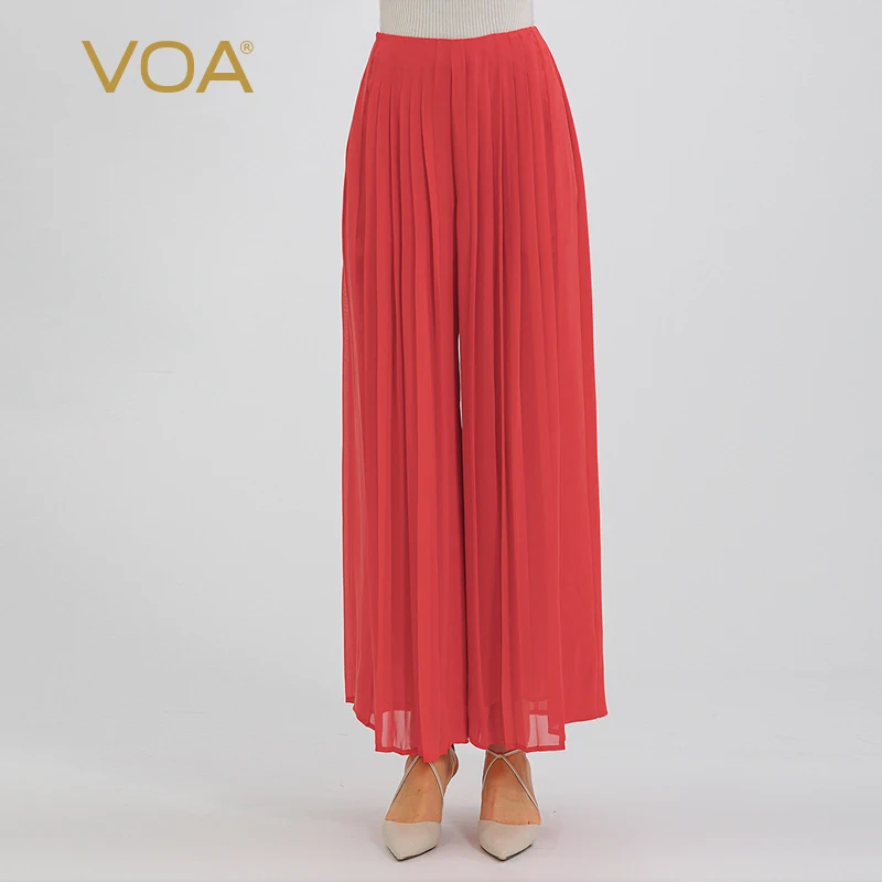 

VOA Summer Georgette Mulberry Silk Red Accordion Pleated Stitching Loose All-match Lady Straight Silk Wide-leg Pants KE695