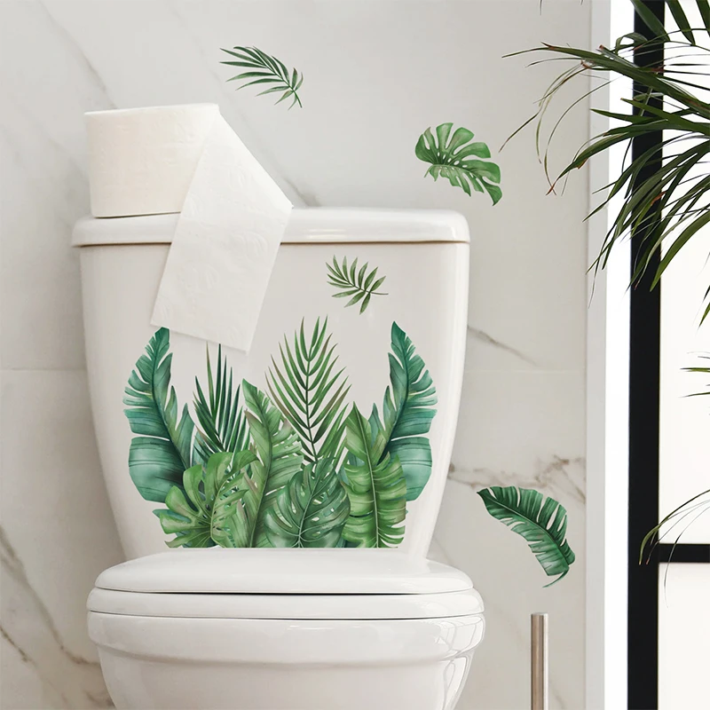 

Green Plant Leaves Wall Sticker Bathroom Toilet Decor Living Room Cabinet Home Decoration Decals Beautify Self Adhesive Mural