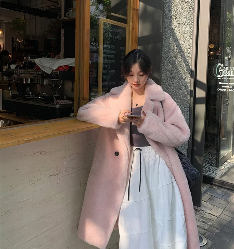 Winter Real Fur Coat Warm Women Long Coat Vintage Long Sleeve Thick Bear Coat Casual Loose Oversize Outwears Women's Full Wool