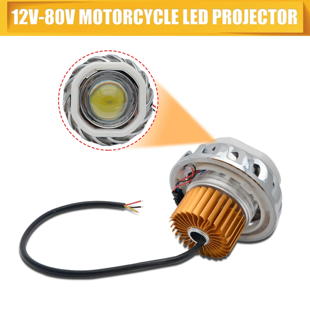 

12-80V Motorcycle LED Headlight Angel Eyes Headlight Lens 3 Light Modes 6500K Projector Demon Eyes DRL Fog Lamp