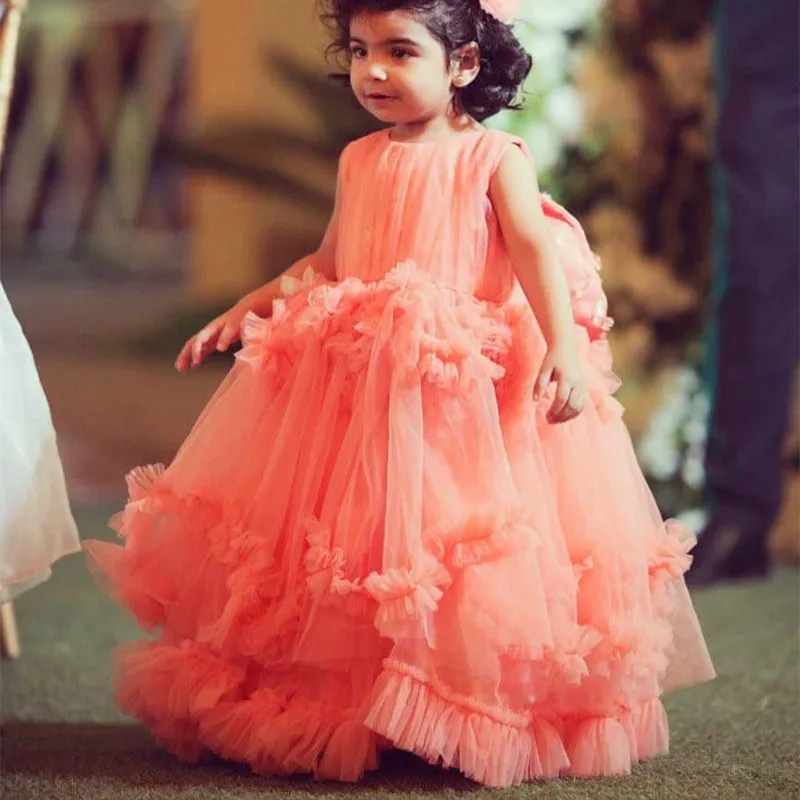 

Formal Water Melon Tulle Ruffles Flower Girl Dresses for Wedding Tiers Princess Gown First Communion Pageant Kids Birthday Party