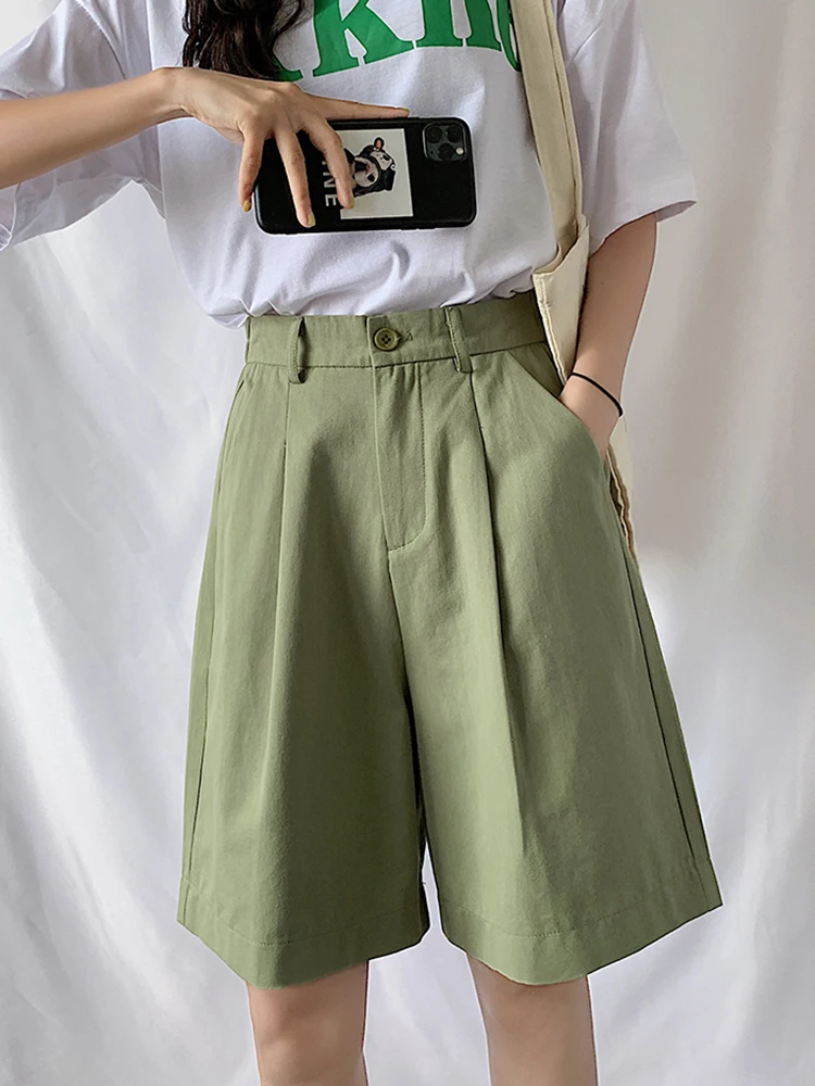 DFRCAEG 2023 Summer Bermuda Shorts For Women High Elastic Waist Wide Leg Loose Suit Pants Free Belt Casual Half Pants Femme