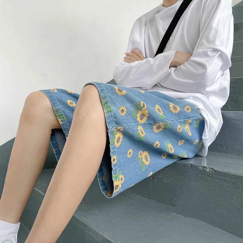 Summer Casual Denim Shorts Men Ins Fashion Printed Baggy Jeans Straight Pants Oversized Bottoms Streetwear Vintage Y2K Clothes