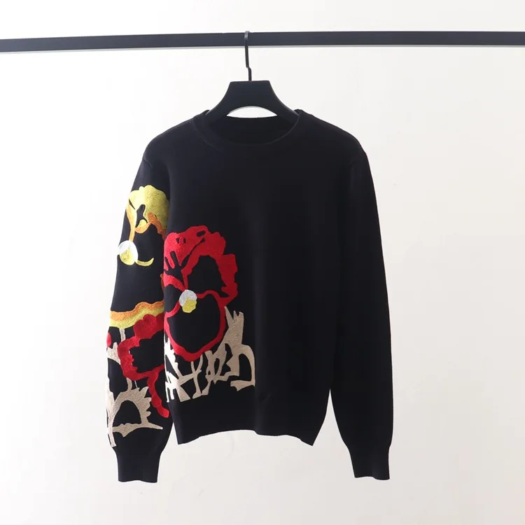 

Floral Black Knitted Roundneck Sweater Pullover 2022 Autumn Winter Female Knitwear Clothing Jumper Indie Clothes