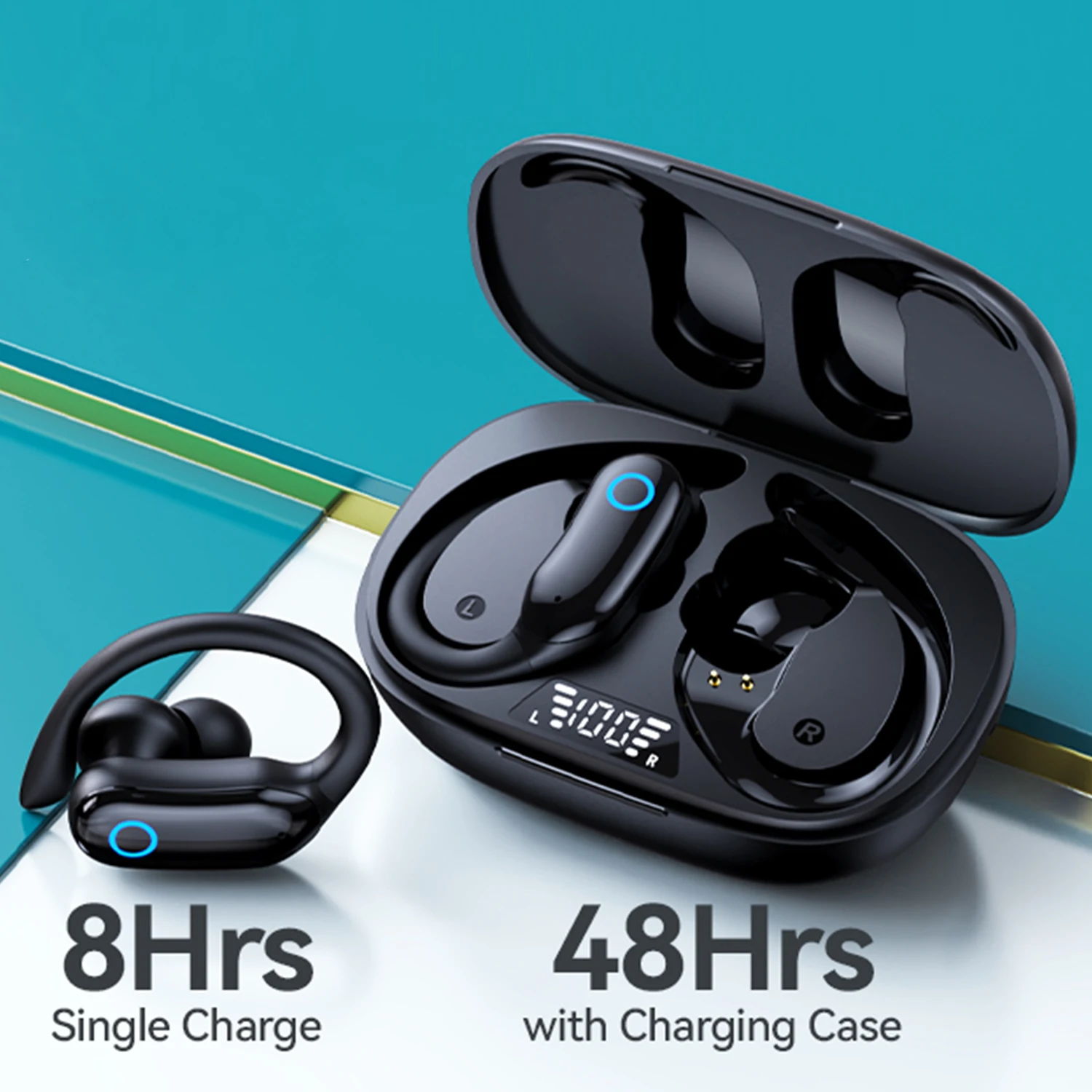 

Wireless Bluetooth Headphones with Earhooks 48hrs Playback IPX7 Waterproof Sports Bluetooth Earphones Stereo Bass Headsets Mics