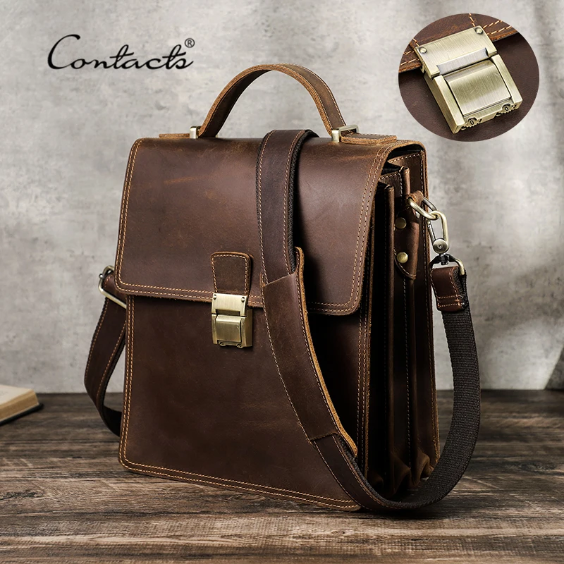 CONTACT'S Mens Shoulder Bag Luxury Genuine Leather Messenger Bag for 11‘’ iPad Password Designer Bags Crossbody Male Handbag