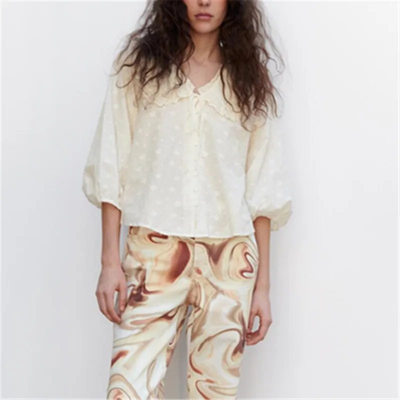 

2022 Spring New Women's Fashion Sweet Versatile Long Sleeve Stretch Cuffs Embroidered Bow Trim Small Round Lapel Shirt