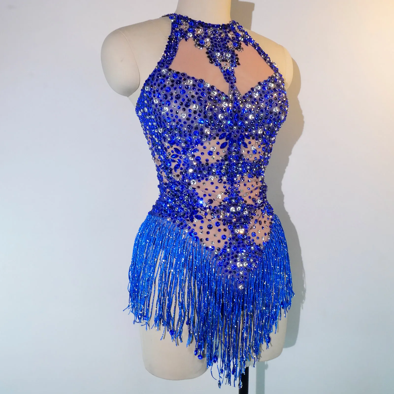 Sexy See-through Mesh Blue Rhinestone Bodysuit Adult Women Bar Stage Dance Performance Leotard Birthday Party Drag Queen Costume