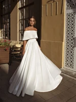 2022 new simple white satin wedding dresses off the shoulder bride dresse boat neck elegant womens dresses for party