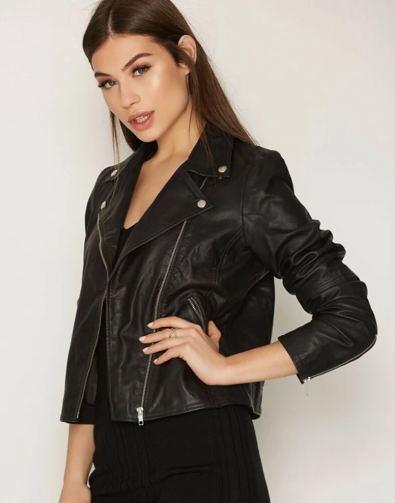 Womens Black Leather Jacket 100% Slim Fit Biker Motorcycle Lambskin Genuine Leather Jacket Women