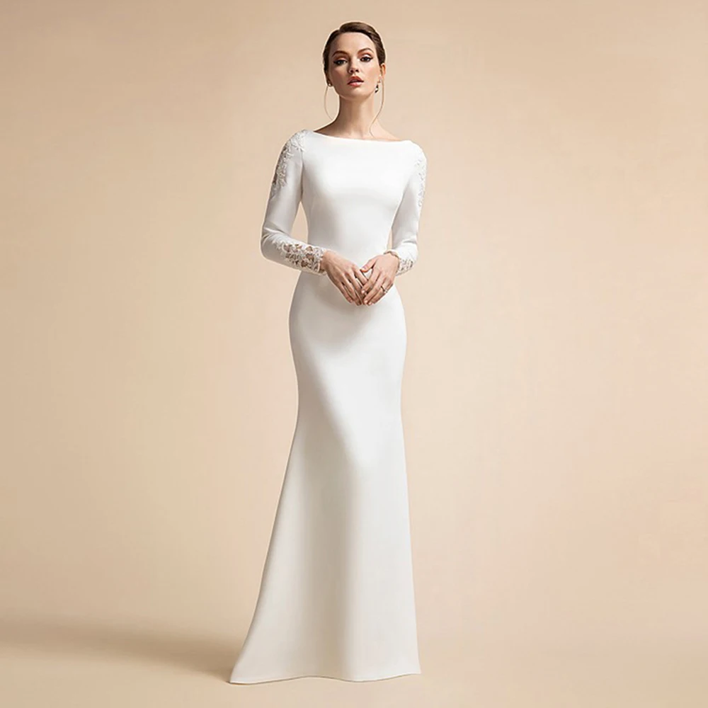 

Ramanda Elegant Long Sleeves Simple Wedding Dress For Women 2023 Mermaid Satin Muslim Bridal Gown Button Back Robe De Mariée