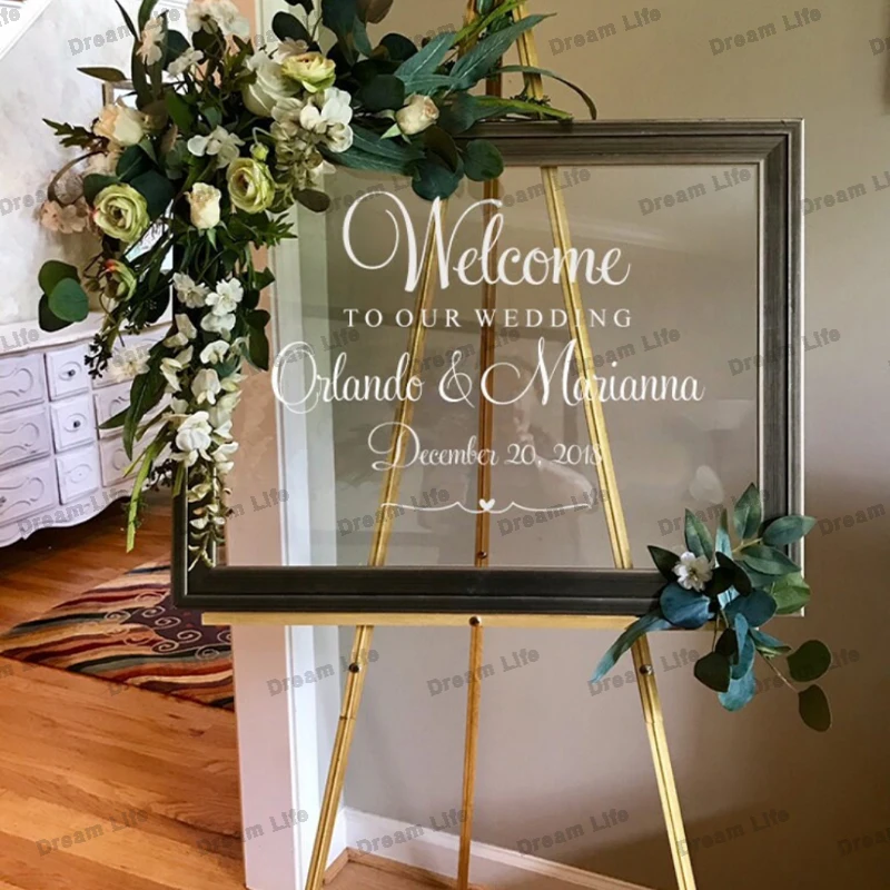 Wedding Welcome Sign Vinyl Decal Wall Stickers Personalized Couples Names and Dates Mirror Decal Bridal Shower Wallpaper