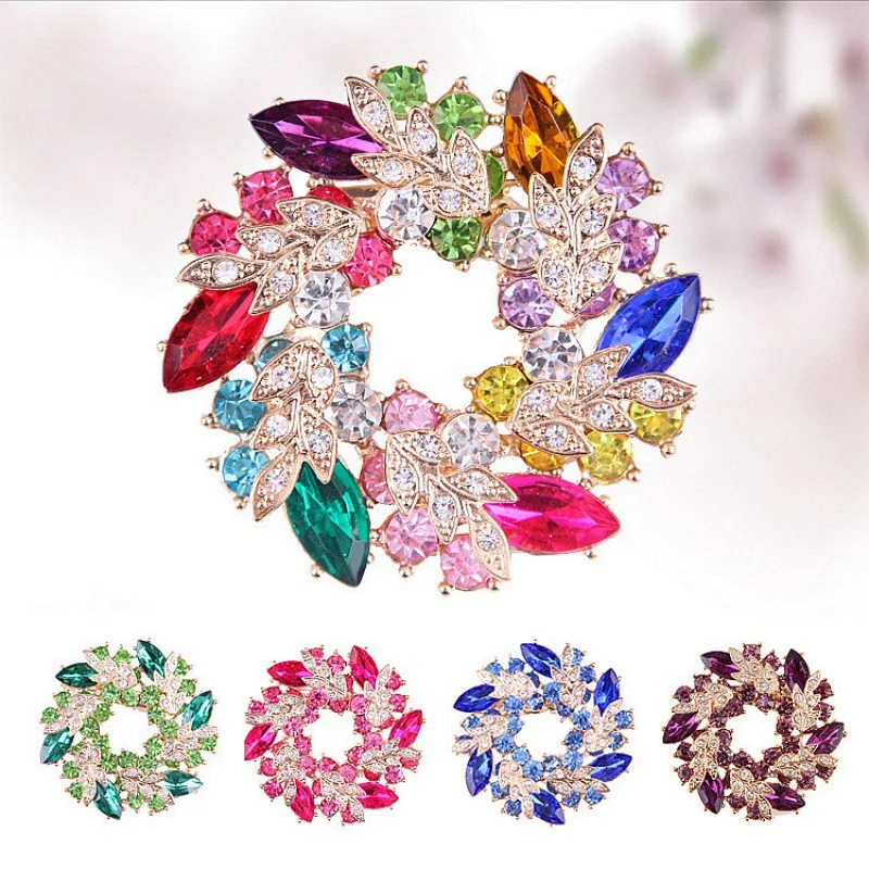 

Popular color rhinestone large wreath crystal brooch women's silk scarf buckle wedding jewelry