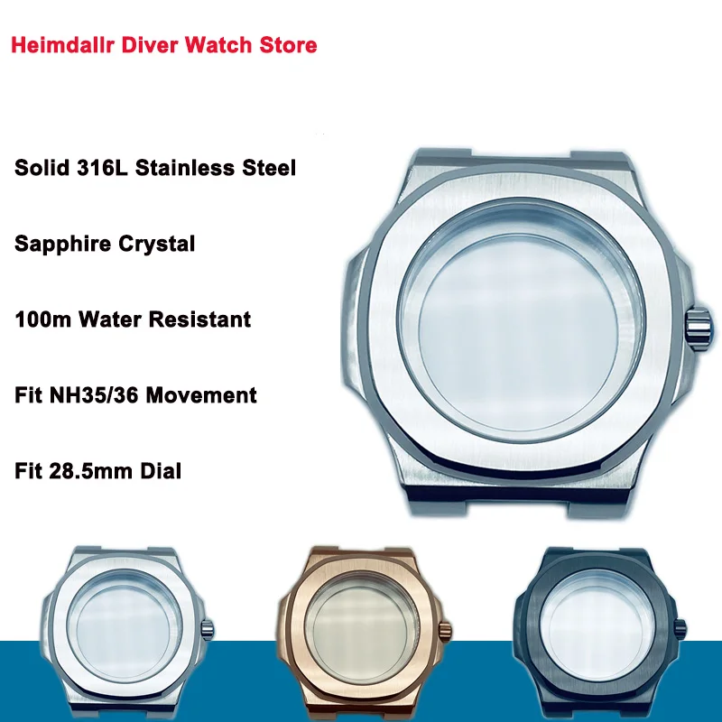Watch Modify Parts 44mm Stainless Steel Square Case Sapphire Glass Suitable For NH35/36 Movement 100m Water Resistant