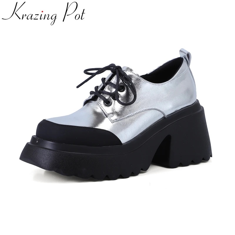 

Krazing Pot Fashion Patent Leather Super High Platform Casual Spring Shoes Lace Up Brand Increasing Elegant Concise Women Pumps