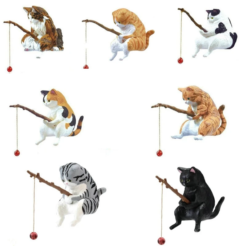 

7PCS Cats Fishing Figurine Cats Sculpture Sitting Fishing Little Cute Cats Resin Ornament Decorative Furnishings High Guality