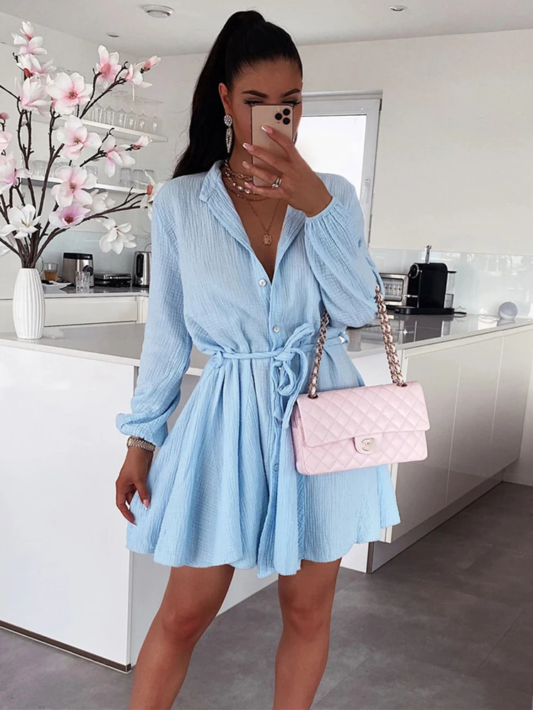 

Женское Повседневное платье-рубашка, свободное мини-платье с длинным рукавом и отложным воротником на пуговицах, элегантное офисное платье...