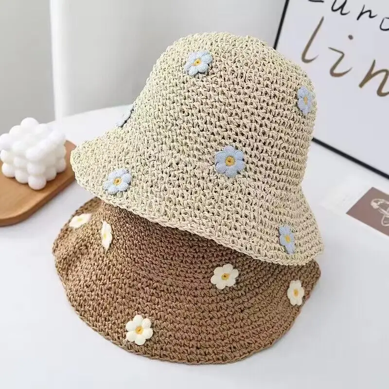 New Summer Bucket Sun Hat For Women's Vacation Sweet Flowers Crochet Handmade Straw Hat Breathable Panama UV Resistant Beach Hat